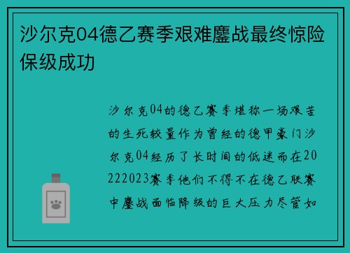 沙尔克04德乙赛季艰难鏖战最终惊险保级成功 沙尔克04德乙赛季艰难鏖战最终惊险保级成功